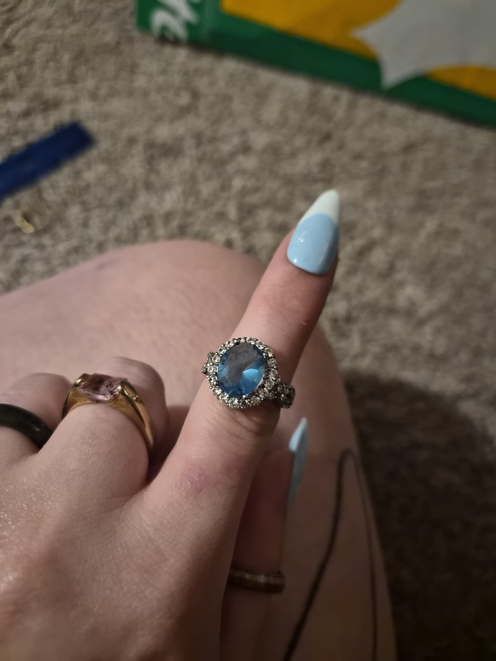 Silver Halo Ring with Blue Gemstone